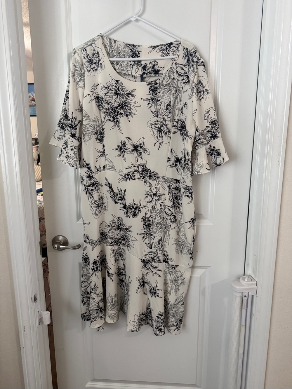 Cream Floral Midi Dress with Black Sketch Print